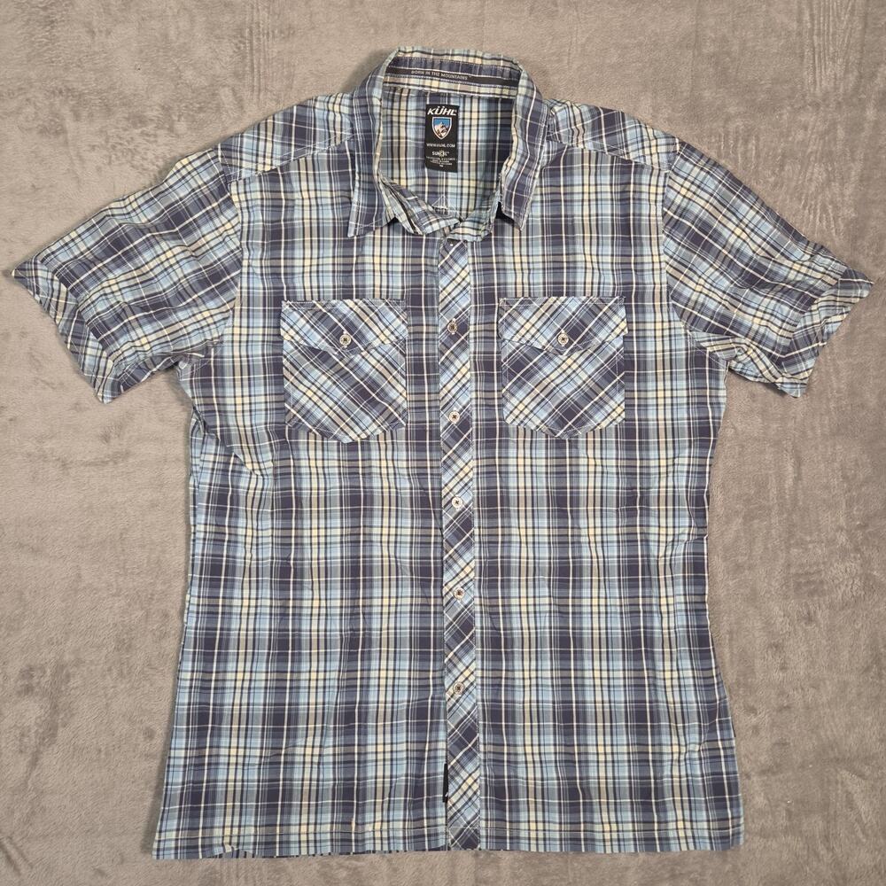 Kuhl Suncel Plaid Short Sleeve Button Up Shirt Men's Size M Blue Outdoor Hiking